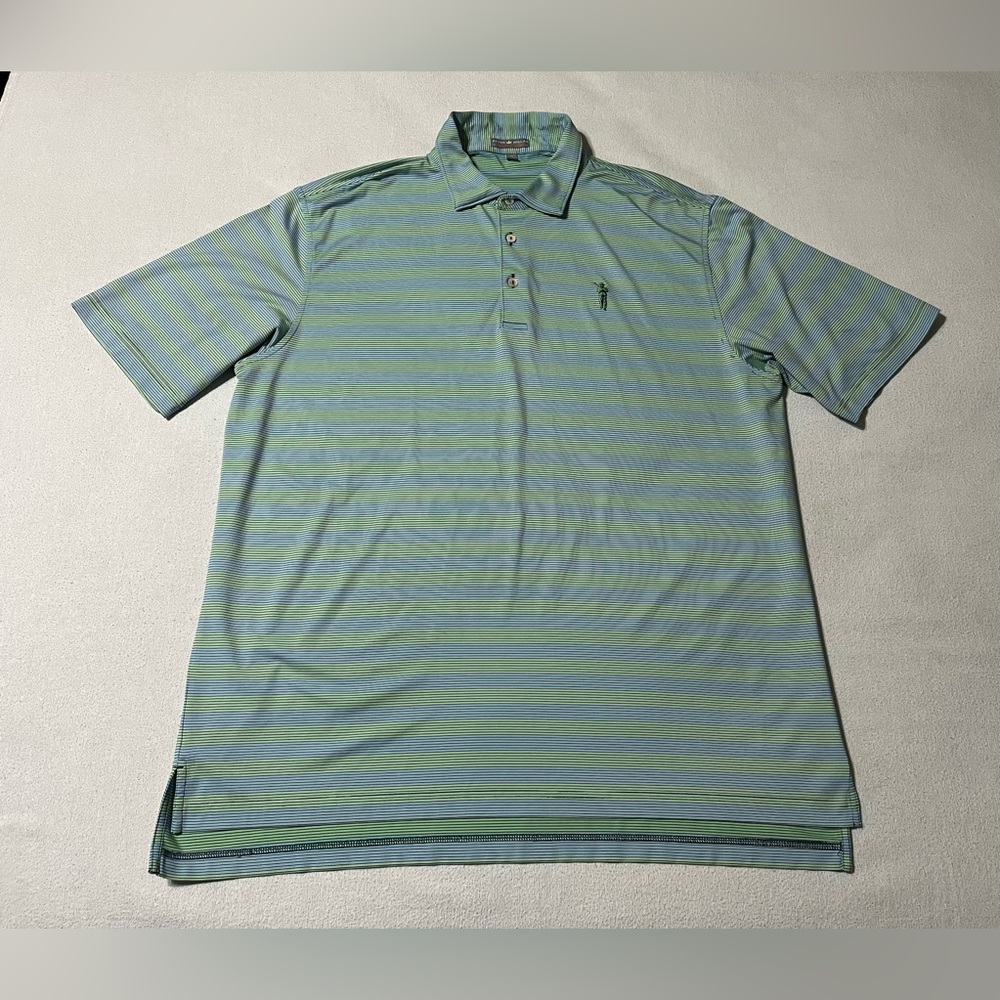 Peter Millar Summer‎ Comfort Mens XL Striped Green Blue Polo Shirt Logo